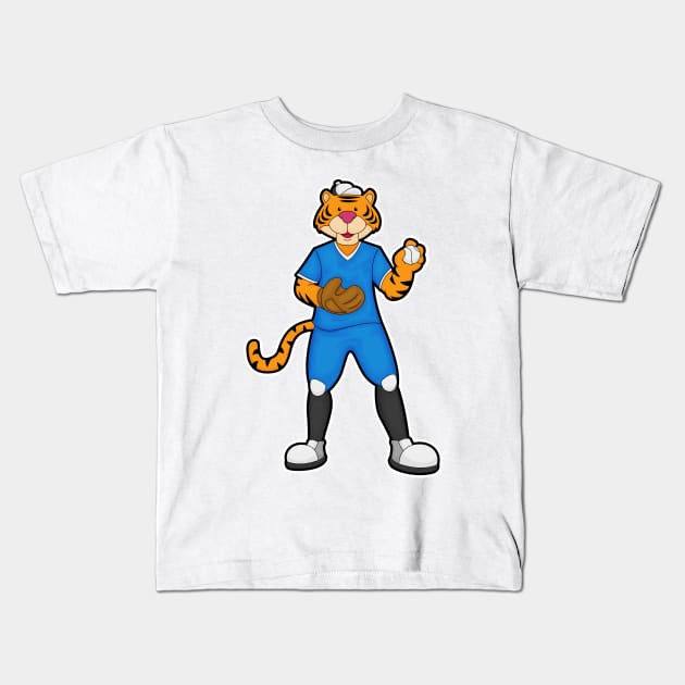 Tiger at Baseball with Baseball glove & Cap Kids T-Shirt by Markus Schnabel